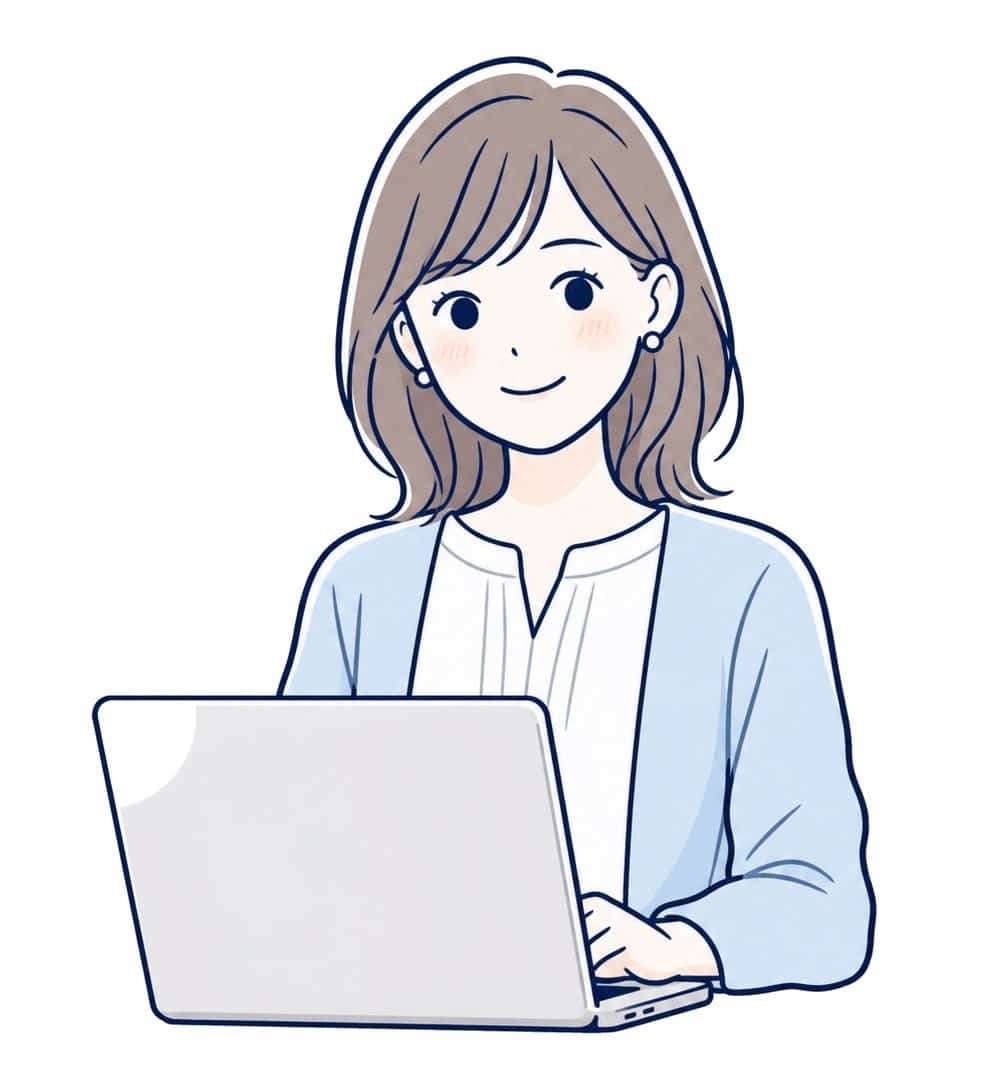 ノートパソコンを使う優しい事務員女性のイラスト